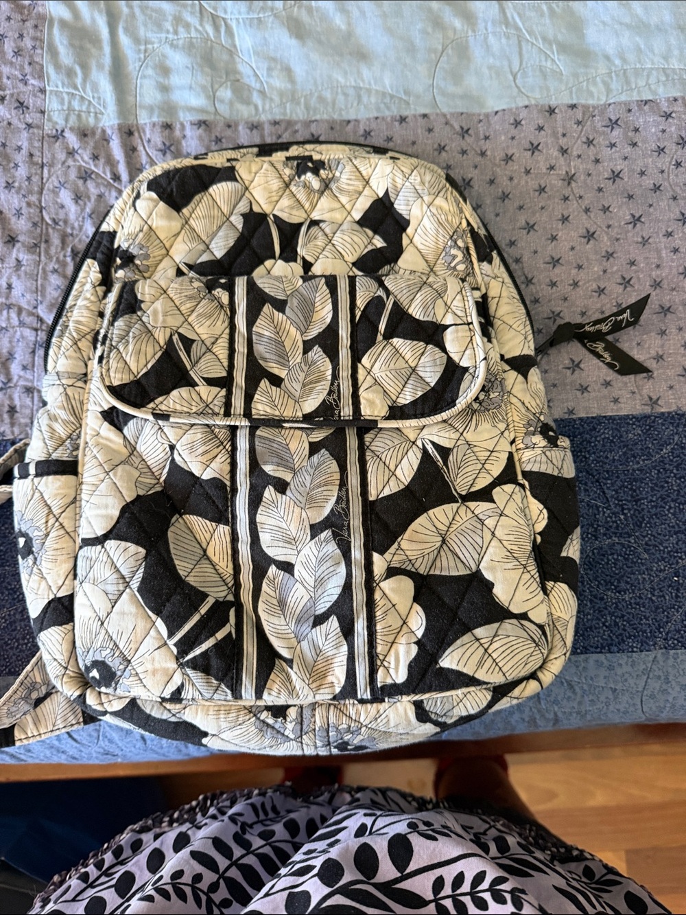 Vera Bradley Black and Cream Quilted Leaf Print Backpack